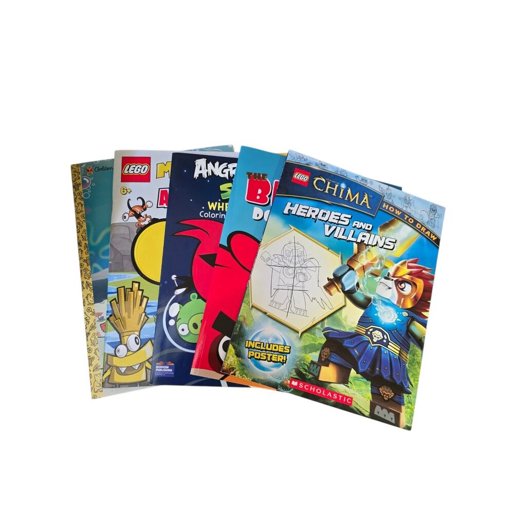 Vintage Angry Birds x2, Legos,and Spongebob Color and Activity Books Set of 5